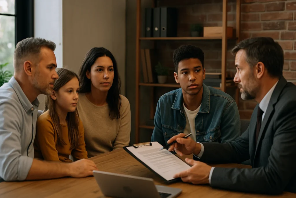Family consulting with an estate planning attorney, discussing wills and trusts in a professional office setting.