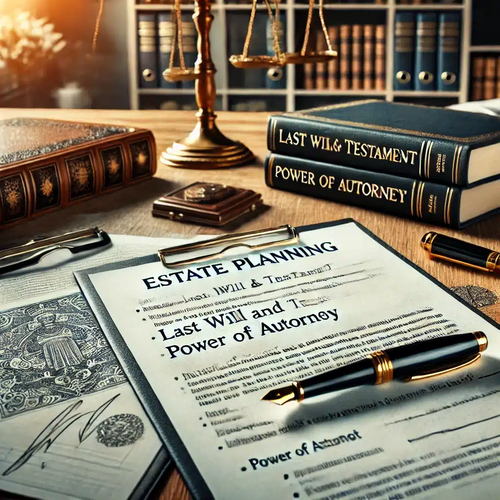 Estate planning documents including a Last Will and Testament, Power of Attorney, and a pen, on an oak table, symbolizing legal guidance and support for individuals facing legal challenges.