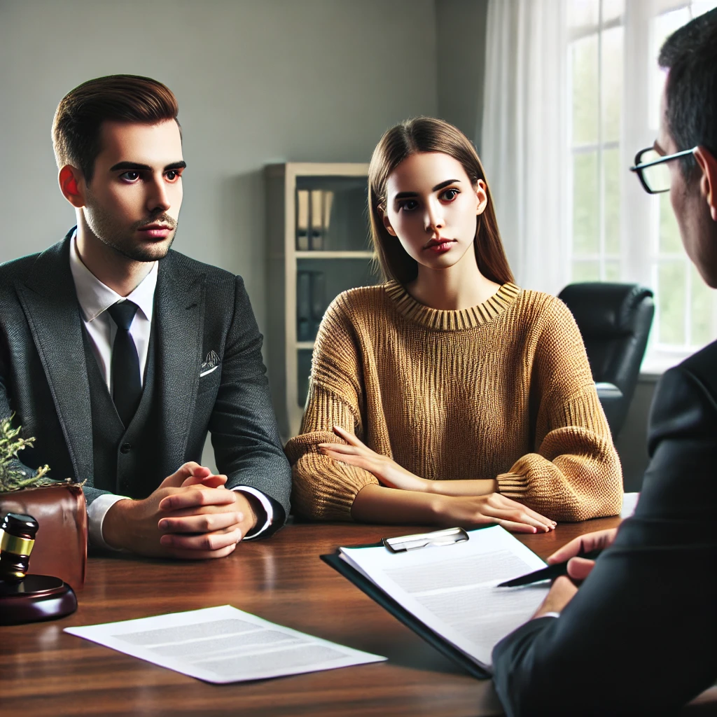 Couple discussing property division during divorce with family lawyer in office, legal documents on table, focused expressions.