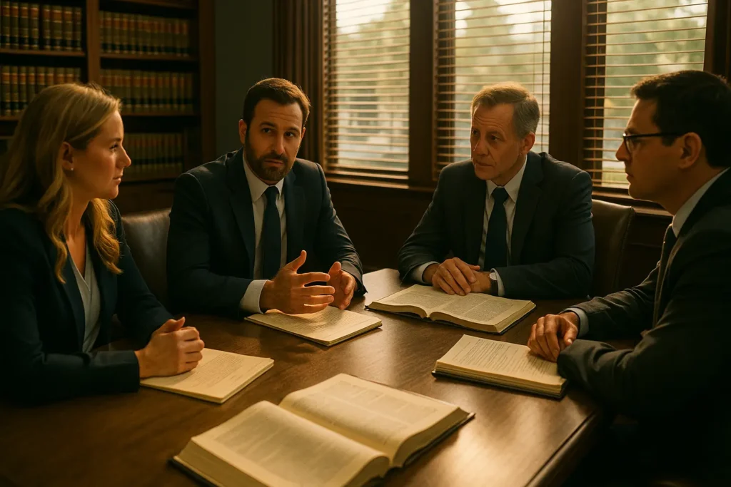 Four lawyers discussing legal matters at a conference table with open law books, set in a law office environment in The Woodlands, TX.
