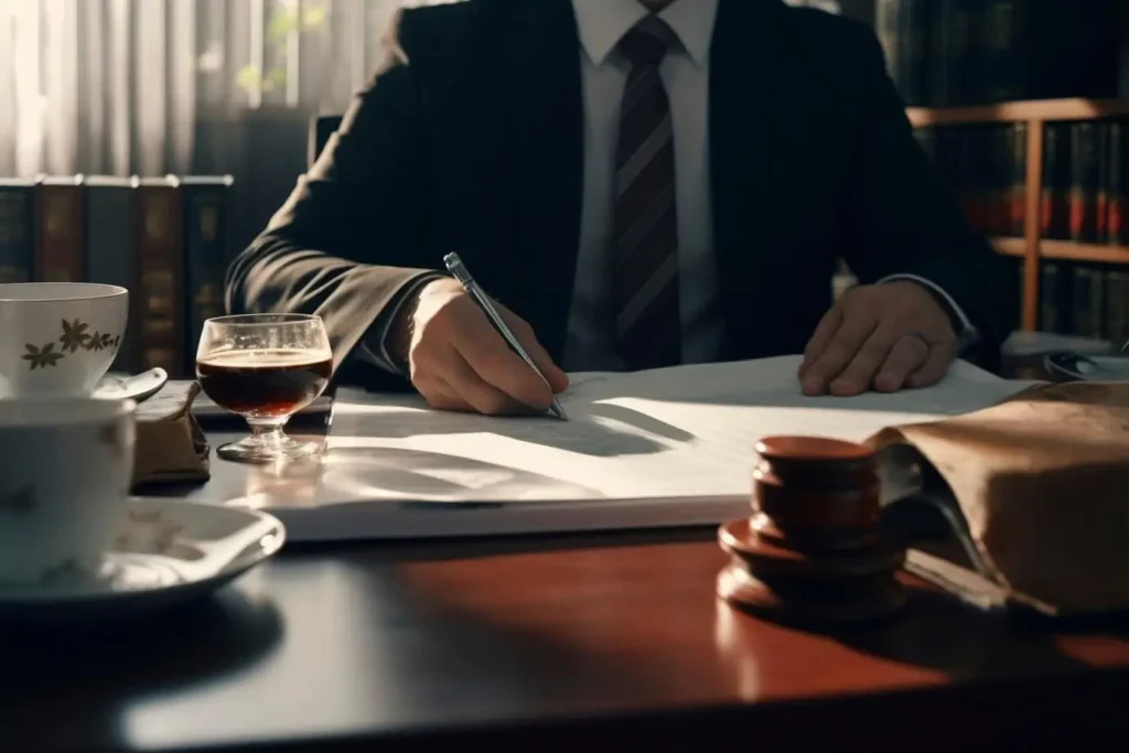 Lawyer writing on legal documents at a desk with coffee and gavel, representing civil litigation services in The Woodlands, Texas.