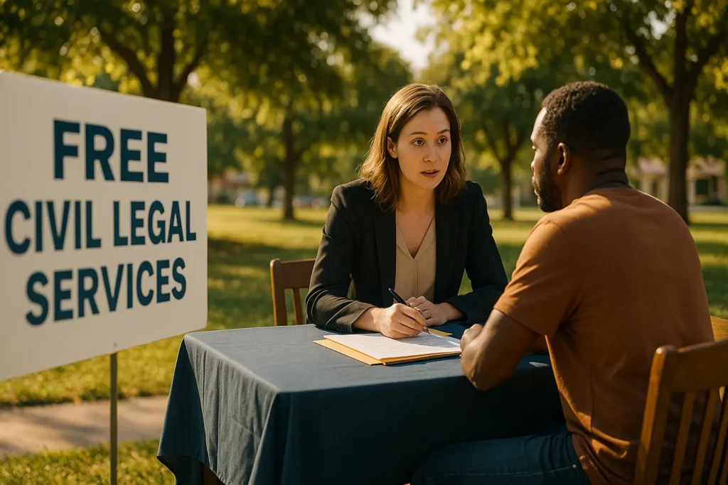 Woman consulting with a man at a table under a sign reading "FREE CIVIL LEGAL SERVICES," emphasizing legal assistance and representation for civil disputes.