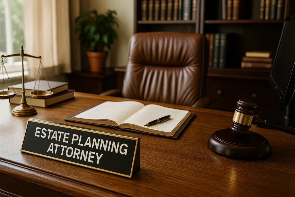 Estate planning attorney's desk with a sign, open notebook, pen, scales of justice, and gavel, representing legal services in The Woodlands, Texas.