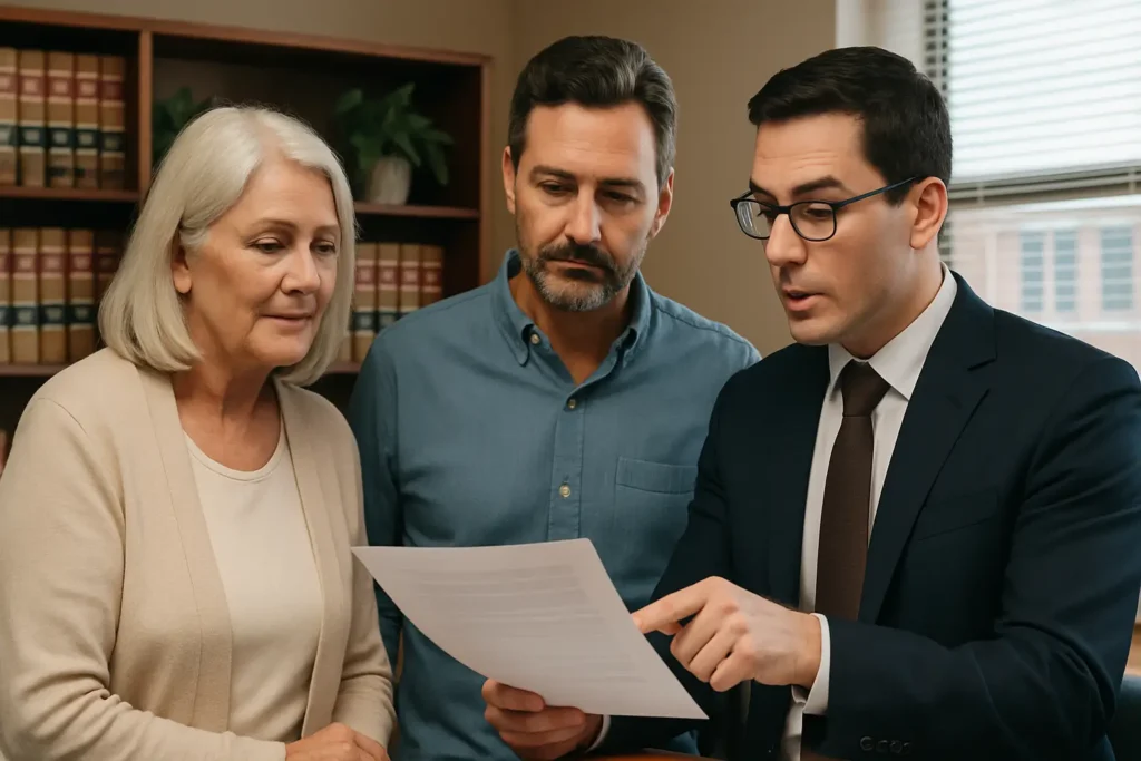 Older woman and middle-aged man reviewing estate planning documents with lawyer in office setting, emphasizing personalized legal guidance for asset protection in The Woodlands.