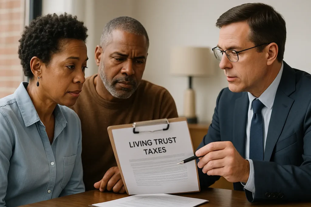 Couple consulting with a wills and trusts attorney, discussing living trust taxes, emphasizing the importance of estate planning in The Woodlands.