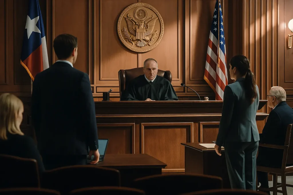 Courtroom scene with a judge presiding over a civil litigation case, featuring a male attorney addressing the court, a female attorney standing, and spectators, highlighting the legal process in The Woodlands, Texas.